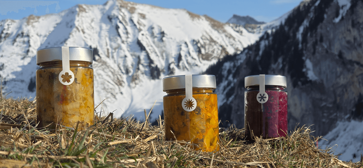 Bocaux lactofermentés Fermentierra avec panorama alpin enneigé en arrière-plan